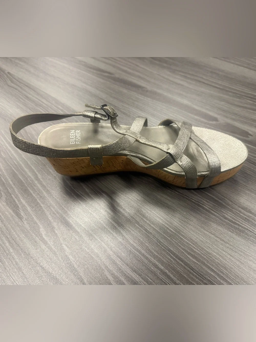 Eileen Fisher Array Cork Platform Women’s Sandals Size 9 Metallic Silver